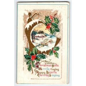 Vintage 1913 Embossed Christmas Bells Holiday Postcard with Snowy Scene